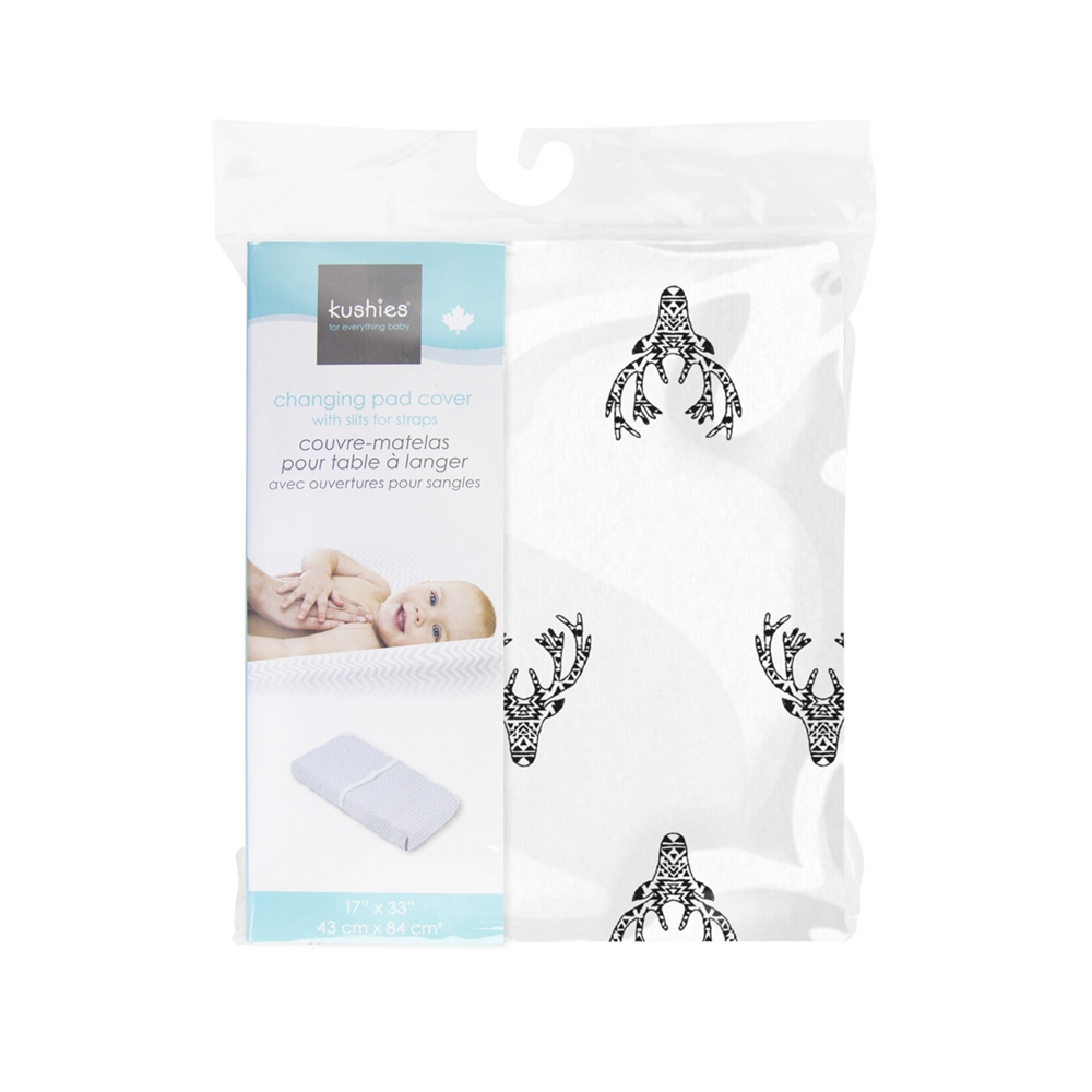 Kushies Flannel Fitted Change Pad Cover with Slits (Deer Black & White)-Bath-Kushies-025276 BD-babyandme.ca