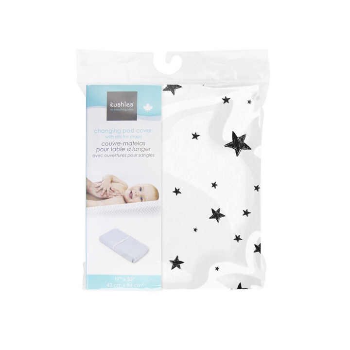 Kushies Flannel Fitted Change Pad Cover with Slits (Scribble Star Black & White)-Bath-Kushies-025276 SS-babyandme.ca