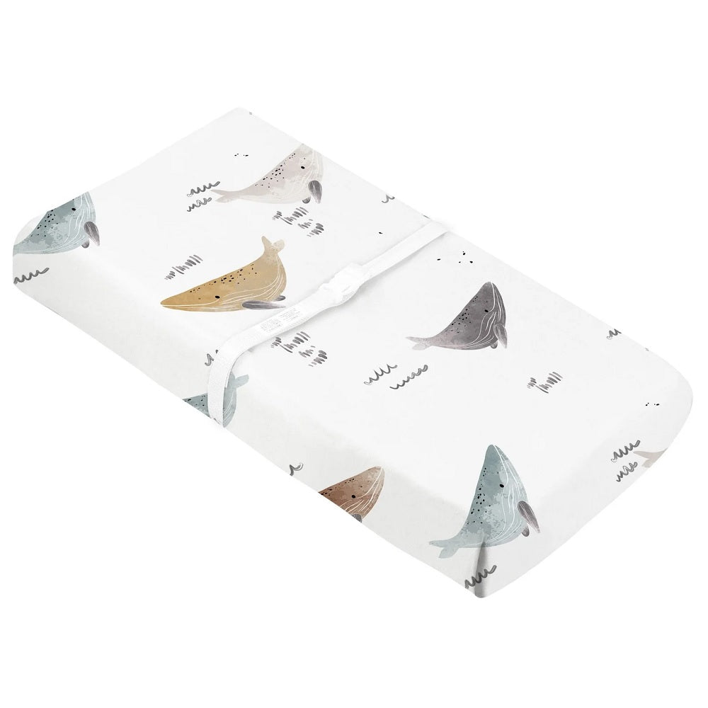 Kushies Percale Dream Changing Pad Cover with Slits (Whale)-Bath-Kushies-031077 WH-babyandme.ca