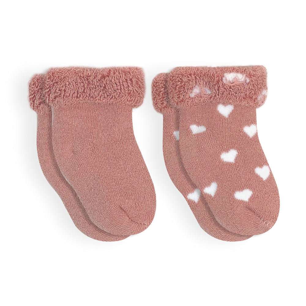 Kushies Terry Baby Socks 2-Pack (Rose Solid/Hearts)-Apparel-Kushies--babyandme.ca