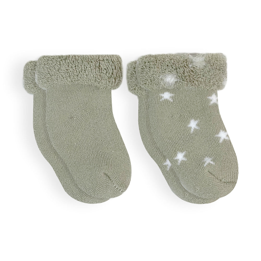 Kushies Terry Baby Socks 2-Pack (Sage Solid/Stars)-Apparel-Kushies--babyandme.ca
