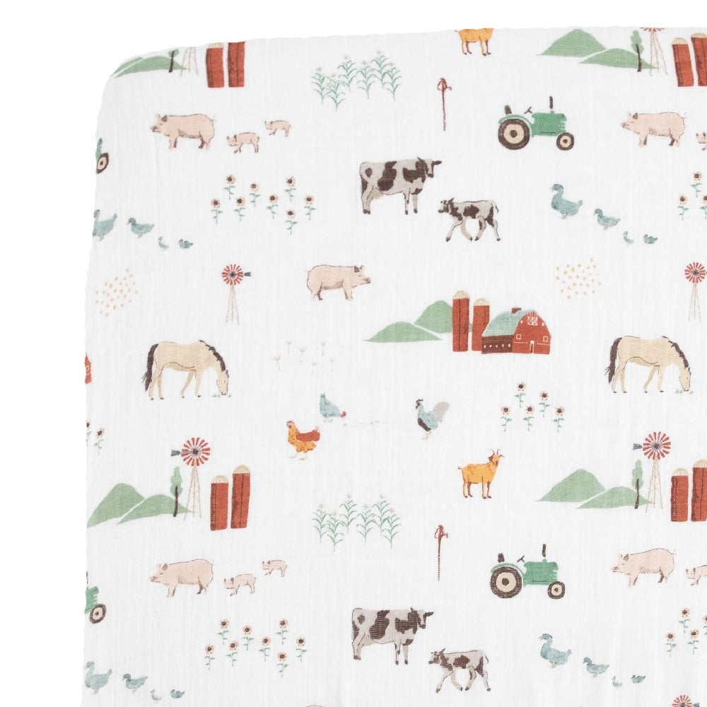 Little Unicorn Cotton Muslin Crib Sheet (Farmyard)-Nursery-Little Unicorn-026111 FY-babyandme.ca