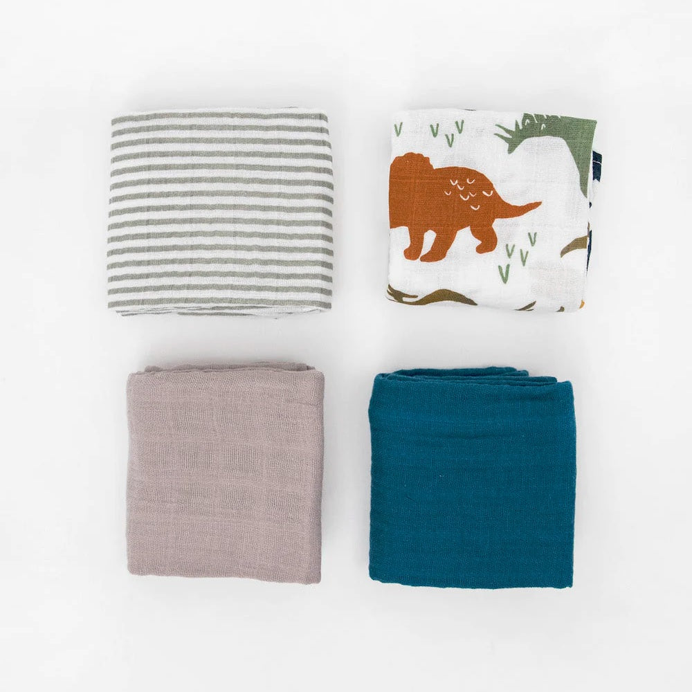 Little Unicorn Cotton Muslin Squares 4-Pack (Dino Friends)-Nursery-Little Unicorn-031767 DF-babyandme.ca