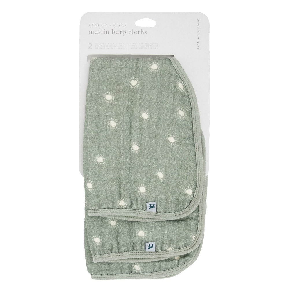 Little Unicorn Organic Cotton Muslin Burp Cloth 2-Pack (Sage Suns/Sand Stripe)-Feeding-Little Unicorn-031771 SS-babyandme.ca