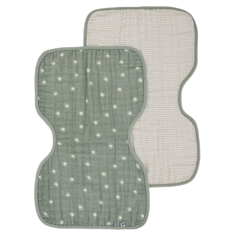 Little Unicorn Organic Cotton Muslin Burp Cloth 2-Pack (Sage Suns/Sand Stripe)-Feeding-Little Unicorn-031771 SS-babyandme.ca