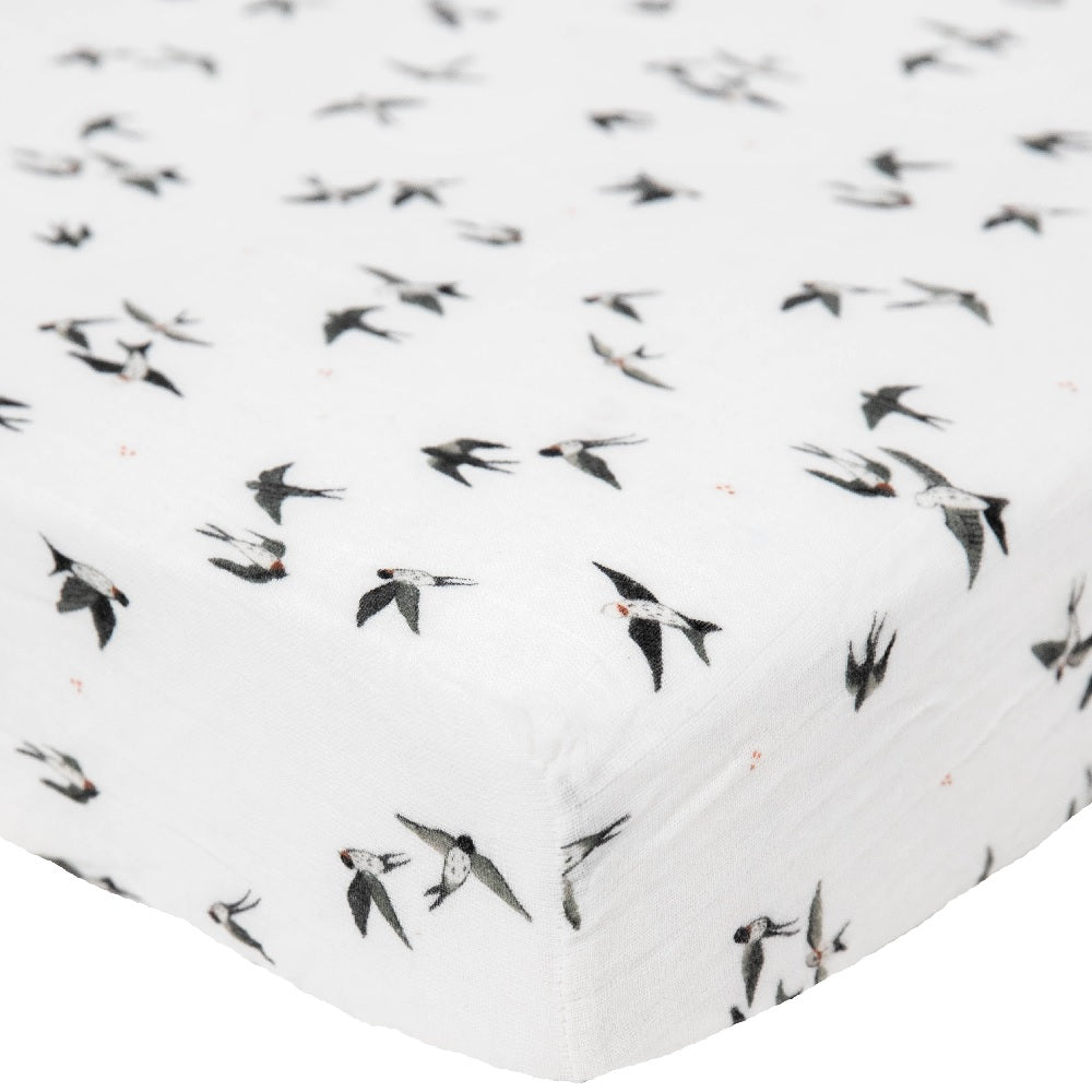 Little Unicorn Organic Cotton Muslin Crib Sheet (Swallows)-Nursery-Little Unicorn-031769 SW-babyandme.ca