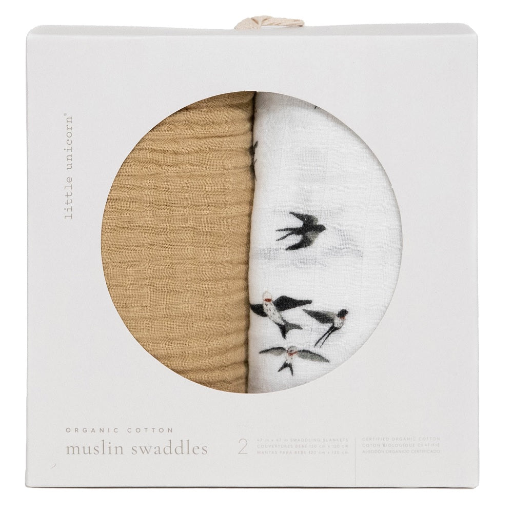 Little Unicorn Organic Cotton Muslin Swaddle Blanket Set (Swallows)-Nursery-Little Unicorn-031765 SW-babyandme.ca