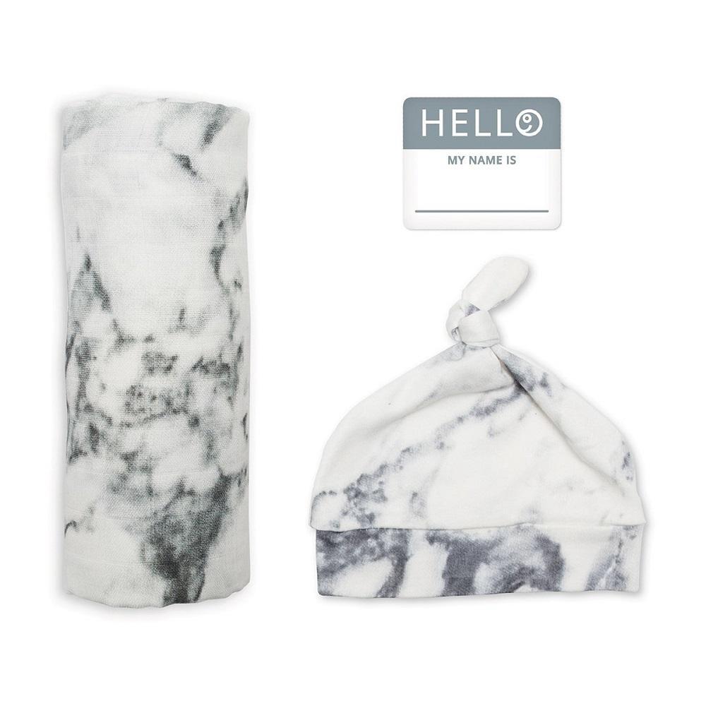 Lulujo Hello World Swaddling Blanket & Hat Set (Marble)-Nursery-Lulujo-025827 MB-babyandme.ca