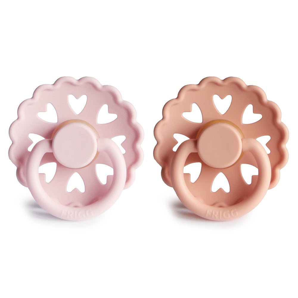 Mushie FRIGG Andersen Natural Rubber Pacifier 2-Pack (White Lilac/Pretty in Peach)-Health-Mushie--babyandme.ca