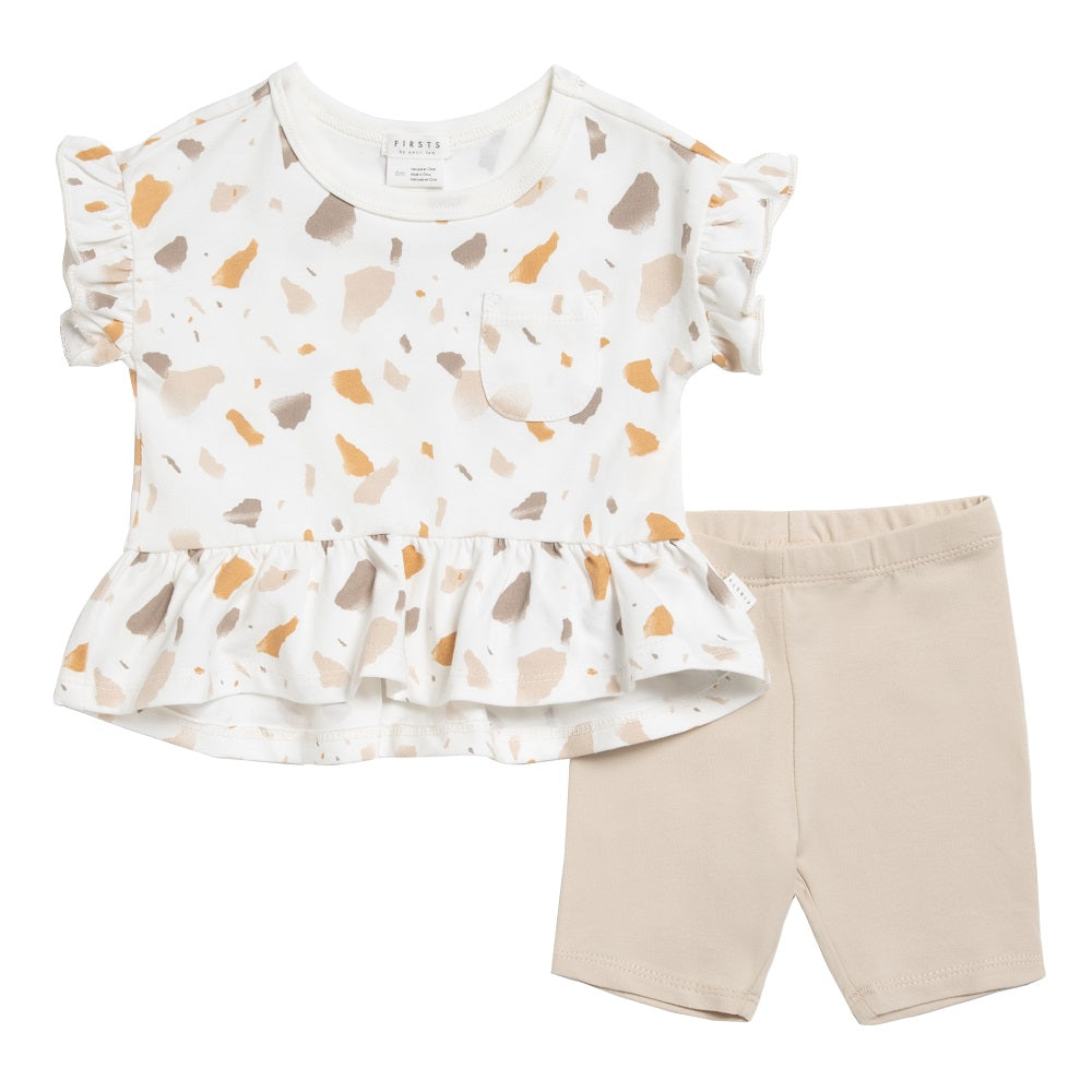 Petit Lem 41505 Short Sleeve Top & Short Set (Off White Golden Pebble Terrazzo)-Apparel-Petit Lem--babyandme.ca
