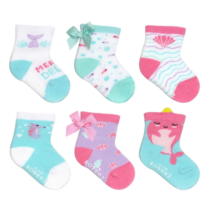 Robeez Crew Socks 6-Pack (Mermaid Dreams)-Apparel-Robeez--babyandme.ca